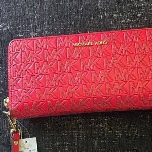 Michael Kors Red Embossed MK Zip-Around Wallet with Gold Logo